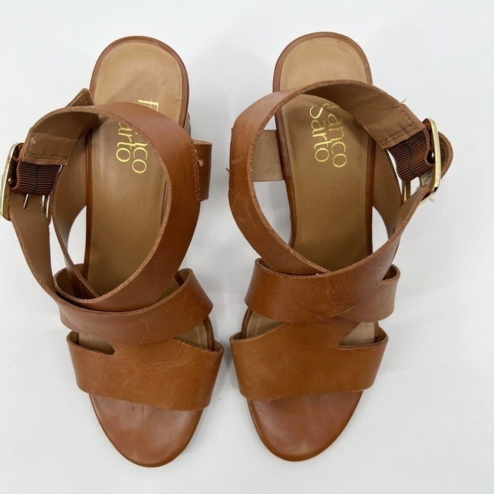 Franco Sarto Mallory Wedge Sandals Brown Leather Heels Strappy Buckle - Picture 8 of 10